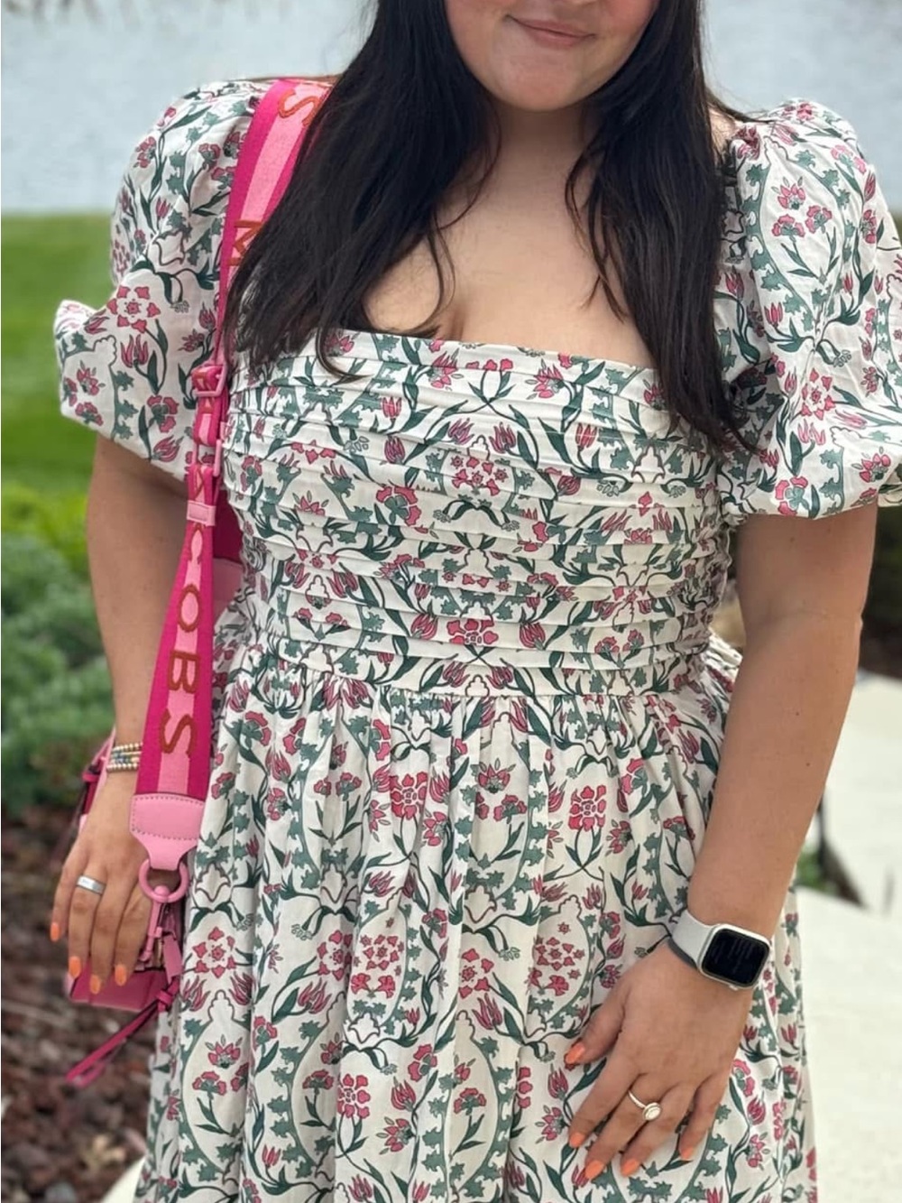 Abercrombie & Fitch Floral Poplin Midi Dress - Pink & Green on Cream - Picture 2 of 2